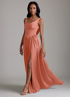 Azazie Novi Bridesmaid Dresses Salmon Pink A-Line with Pockets Stretch Satin Dress image6