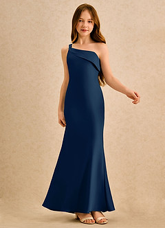 Azazie Almond Girls Formal Blumenmädchenkleider Etui One-Shoulder Stretch-Satin Kleid Dunkelmarine image6