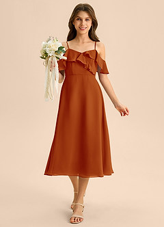 Azazie Kamilla Junior Abito A-Line in Chiffon a Spalla Scoperta Paprika image4