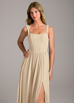 Azazie Rosaline Bridesmaid Dresses Champagne A-Line Side Slit Chiffon Dress image2