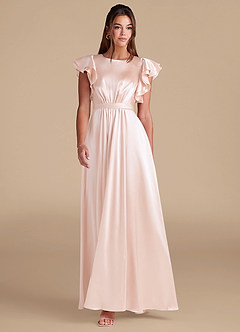 Azazie Daphne Modest Bridesmaid Dresses A-Line Ruched Metallic Satin Floor-Length Dress image3
