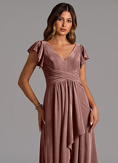 Azazie Omari Bridesmaid Dresses Espresso A-Line Pleated Velvet Dress image2