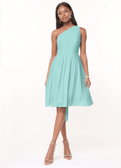 Azazie Katrina Bridesmaid Dresses Aqua A-Line One Shoulder Chiffon Dress image1