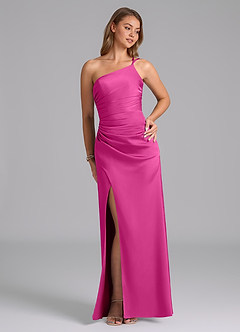 Azazie Eren Bridesmaid Dresses Fuchsia Mermaid One Shoulder Stretch Satin Dress image4