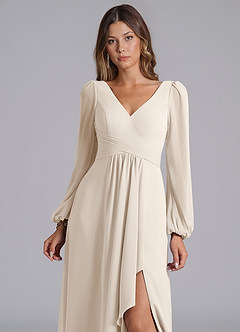 Azazie Liah Bridesmaid Dresses White Alabaster A-Line Long Sleeve Chiffon Dress image7