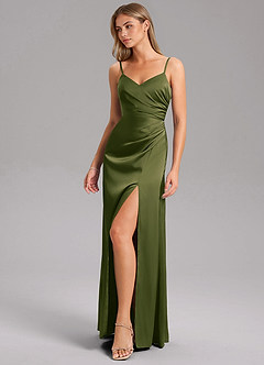 Azazie Azuree Robes de demoiselle d'honneur Robe Trapèze en Satin extensible Plissé Olive Vif image5
