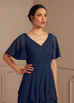 Azazie Watson At-home Try On Dresses Dark Navy A-Line V-Neck Chiffon Dress image4