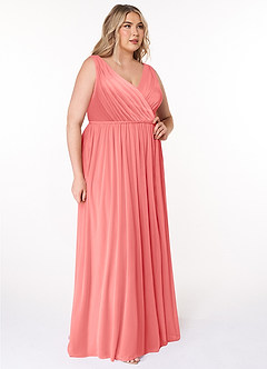 Azazie Tanicia Brautjungfernkleider A-Linie V-Hals Gefaltet Gittergewebe Kleid Koralle image8