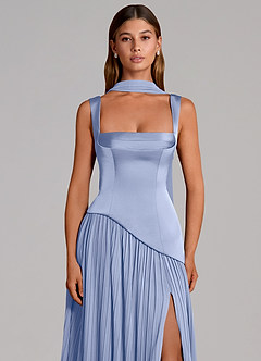 Azazie Stephanie 신부 들러리 드레스 A라인 주름진 스트레치 새틴 바닥 길이 드레스 image6