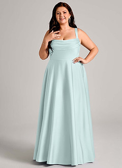 Azazie Shaude Bridesmaid Dresses Sea Glass A-Line Pleated Stretch Satin Dress image8