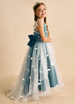 Azazie Darlina Flower Girl Dresses Ivory Ink Blue Ball-Gown Lace Tulle Dress image1