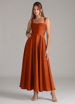 Azazie Shaude Bridesmaid Dresses Burnt Orange A-Line Pleated Stretch Satin Dress image1