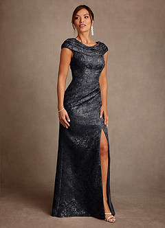 Azazie Irvine Mother of the Bride Dresses Black A-Line Pleated Floral Jacquard Dress image4