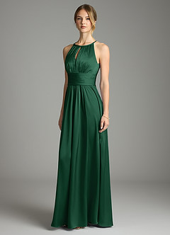 Azazie Bonnie Bridesmaid Dresses Dark Green A-Line Pleated Stretch Satin Dress image1