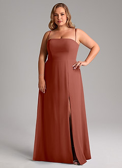 Azazie Wren Vestidos de madrinha de casamento Vestir Castanho Aloirado de Chiffon de Linha A com Fenda Lateral image14