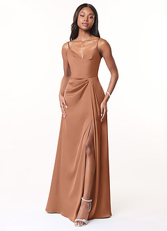 Azazie Brielle Bridesmaid Dresses Bronzer A-Line Cowl Spaghetti Straps Stretch Satin Dress image1