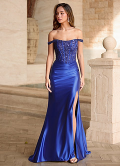 Valeria Royal Blue Velvet Sequins Corset Satin Prom Dress image9