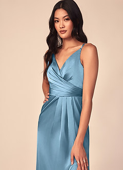 Azazie Aqua Vestidos de damas de honor Vestido de Azul Acero de Satén Elástico de Corte en A con Cuello en V plisado image6
