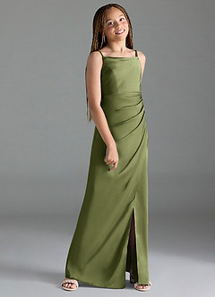 Azazie Leonis Junior Olive A-Line Pleated Stretch Satin Dress image3