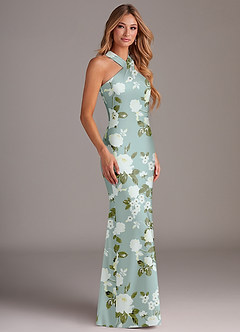 Azazie Doretta Bridesmaid Dresses Misty Floral Garden Mermaid Pleated Stretch Satin Dress image4