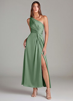 Azazie Brooke 신부 들러리 드레스 A라인 한쪽 어깨 스트레치 새틴 발목 길이 드레스 image1