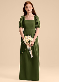 Azazie Briar Junior Robe Trapèze en Satin extensible Arc Olive image1