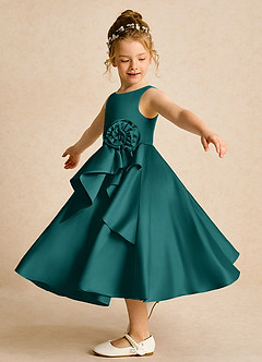 Azazie Hermia Robe Demoiselle D'honneur Fillette Robe Trapèze en Mat Satiné Sans manches Paon image3