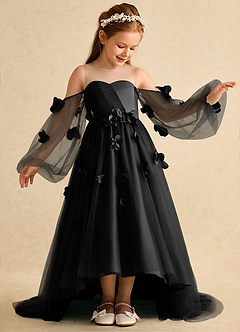 Azazie Karrie vestidos de niña de las flores Vestido de Negro de Tul de Corte En A con Con mangas image4