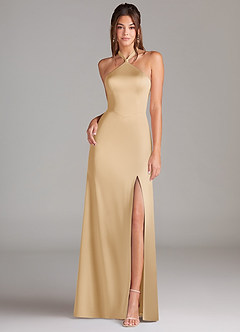 Azazie Elliana Bridesmaid Dresses Gold A-Line Side Slit Stretch Satin Dress image4