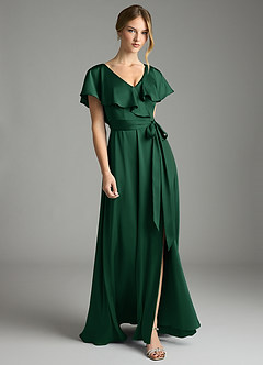 Azazie Lainey Bridesmaid Dresses Dark Green A-Line with Pockets Stretch Satin Dress image4