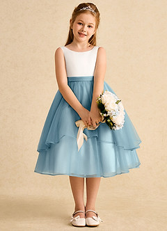 Azazie Rene Flower Girl Dresses Ivory Moody Blue A-Line Bow Tulle Dress image6