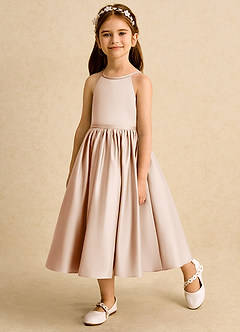 Azazie Indi Blumenmädchenkleider A-Linie Schleifen Matte Satin Kleid Englisches Rosa image3