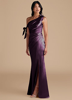 Azazie Xyla Bridesmaid Dresses Plum Sheath Off the Shoulder Metallic Satin Convertible Dress image6