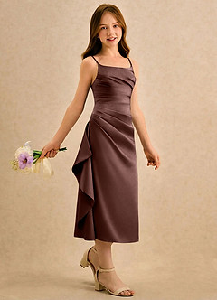 Azazie Canna Girls Formal Sukienki dla dziewczynek sypiących kwiaty Linia A Pofałdowany Satyna elastyczna Długość herbaty Sukienka image3