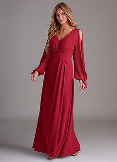 Azazie Matilda Bridesmaid Dresses Scarlet A-Line Long Sleeve Chiffon Dress image1
