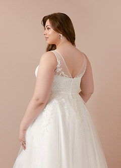 Azazie Dolores Wedding Dresses A-Line V-Neck lace Satin Tea-Length Dress image12