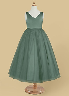 Azazie Marybell Flower Girl Dresses Eucalyptus A-Line Bow Tulle Dress image5