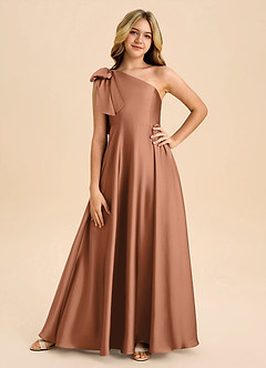 Azazie Penguin Junior Bronzer A-Line Bow Stretch Satin Dress image3