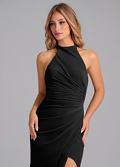 Azazie Jemma Bridesmaid Dresses Black Sheath Pleated Velvet Dress image2