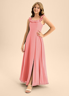 Azazie Callie Junior Abito A-Line in Chiffon Increspato Corallo image3