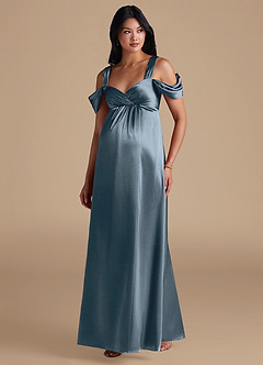 Azazie Rhea Brautjungfernkleider für Schwangere A-Linie Plissee Metallischer Satin Bodenlänge Kleid image5