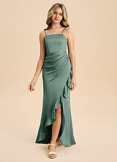 Azazie Buzzy Junior Eucalyptus Sheath Pleated Stretch Satin Dress image5