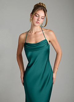 Azazie Mae Vestidos de damas de honor Vestido Pavo Real de Satén Elástico de Corte Sirena con Plisado image3