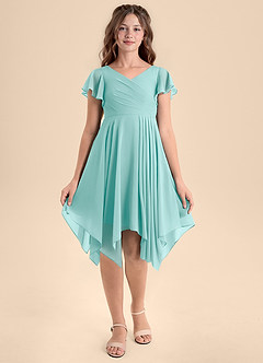 Azazie Janeaurelia Junior Aqua A-Line Pleated Chiffon Dress image6