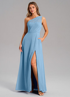 Azazie Phaedra Abiti da Damigella Abito A-Line in Chiffon Monospalla Blu Acciaio image9