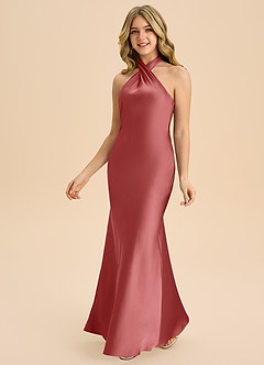 Azazie Chickie Junior Antique Rose Sheath Pleated Stretch Satin Dress image5