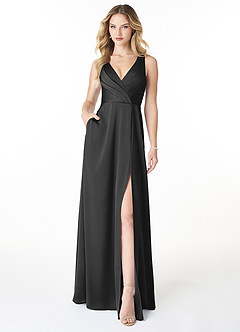 Azazie Nelly Bridesmaid Dresses Black A-Line V-Neck Pleated Stretch Satin Dress image1