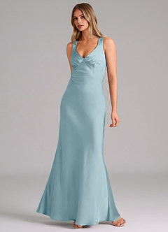Azazie Kamila Bridesmaid Dresses Moody Blue A-Line Pleated Stretch Satin Dress image3