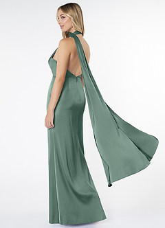 Azazie Kaylani Vestidos de damas de honor Vestido de Eucalipto de Satén Elástico de Corte Sirena con Cuello Alto image4