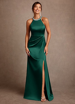 Azazie Lawrence Mother of the Bride Dresses Emerald A-Line Pleated Stretch Satin Dress image1